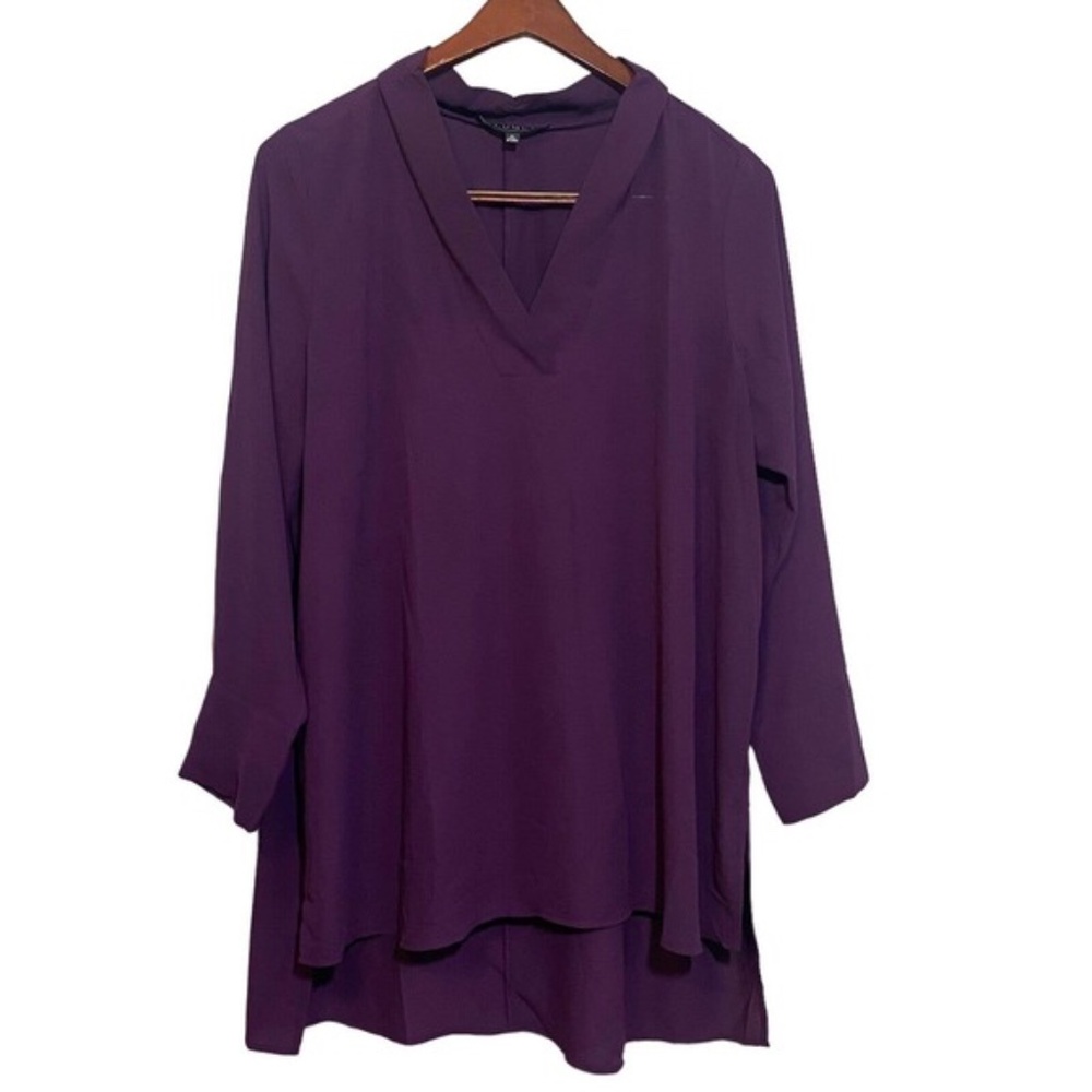 Eloquii Women's Shirt Plus Size 16 Purple Plum Long Tunic Hi Low Sheer V-Neck